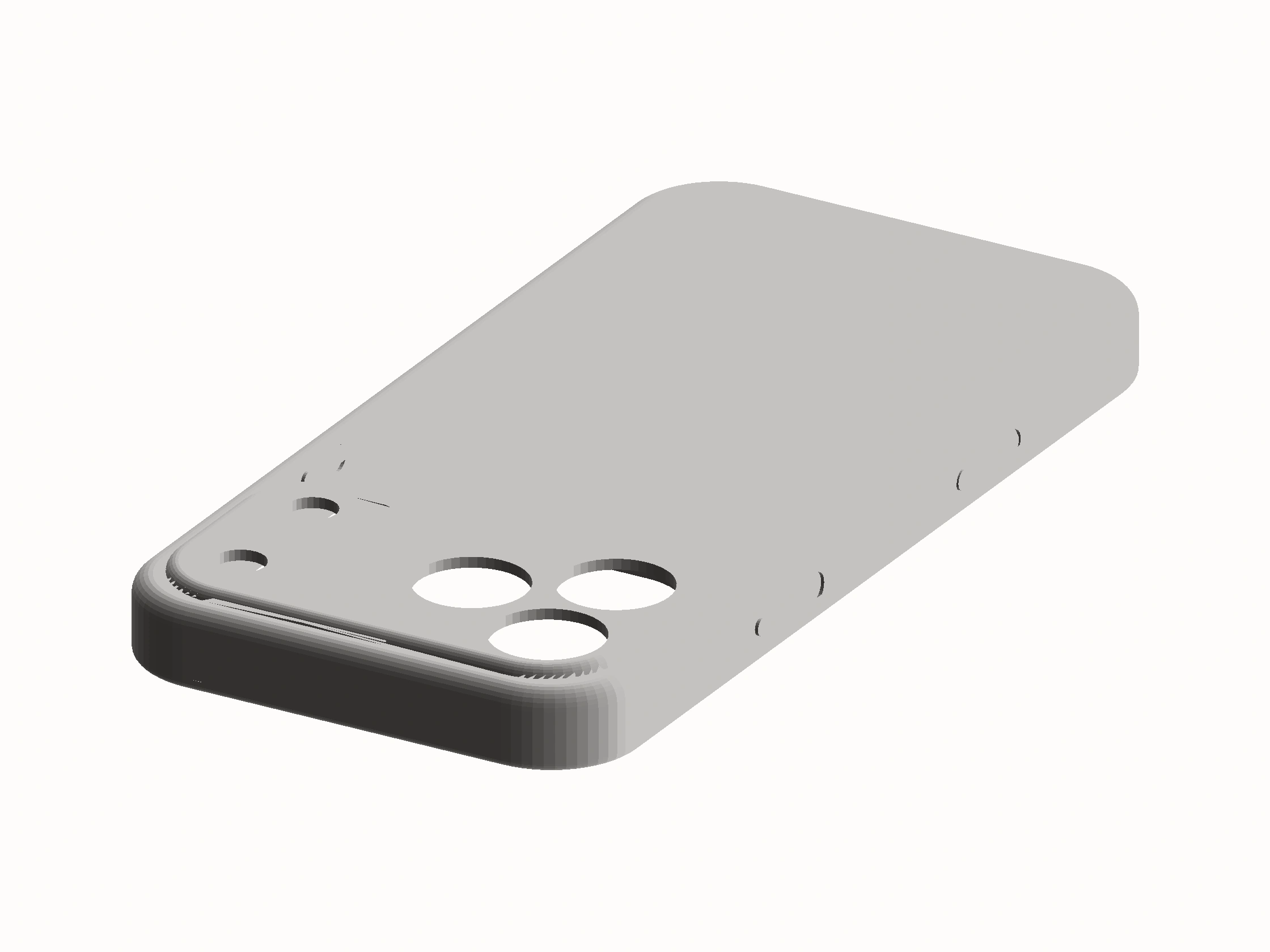 The same case from the outside back, showing the smooth shell and the three camera openings.
