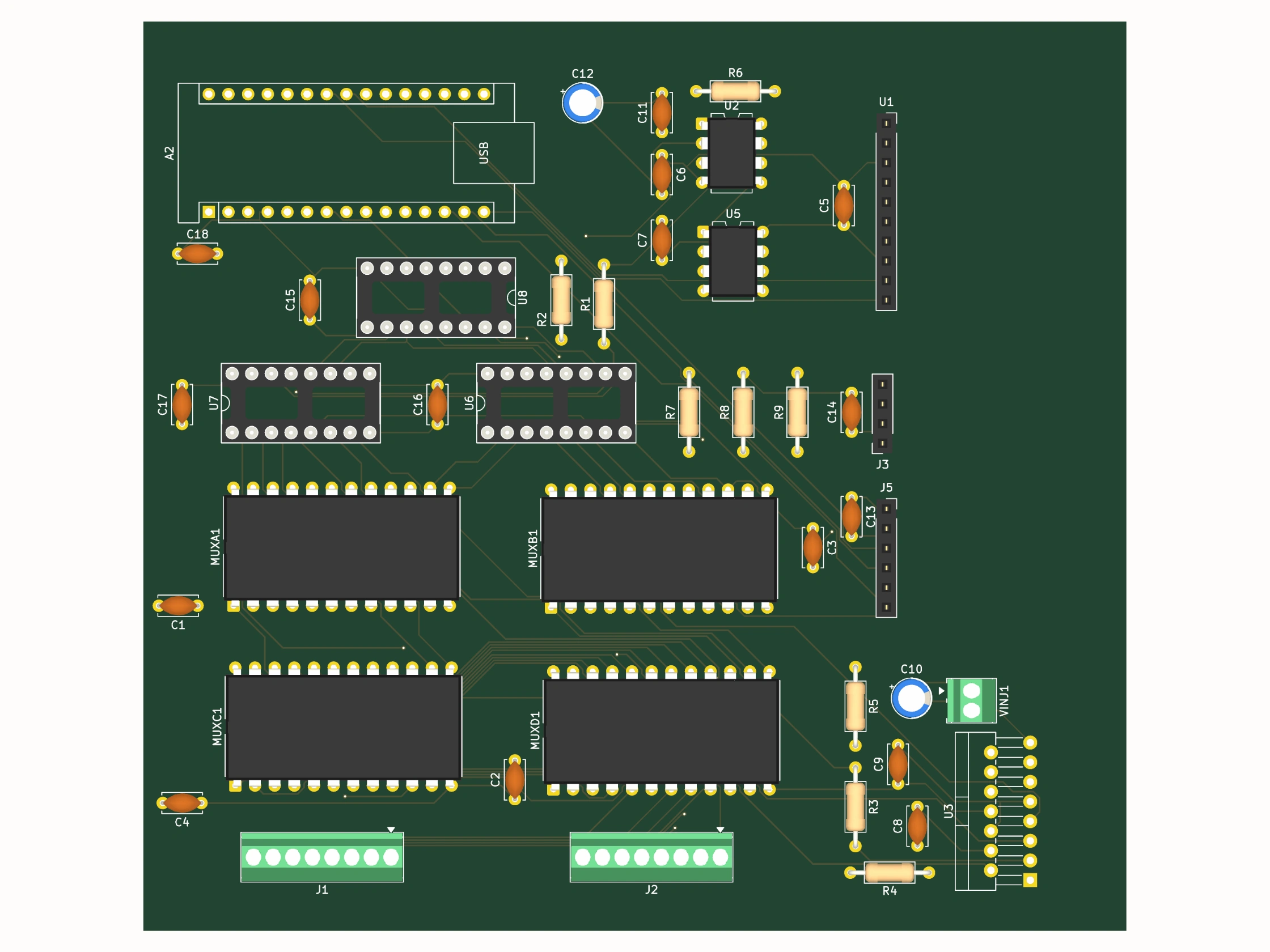 The same circuit board seen straight down, showing the routed traces between the four multiplexers, the amplifier sockets and the electrode terminals.