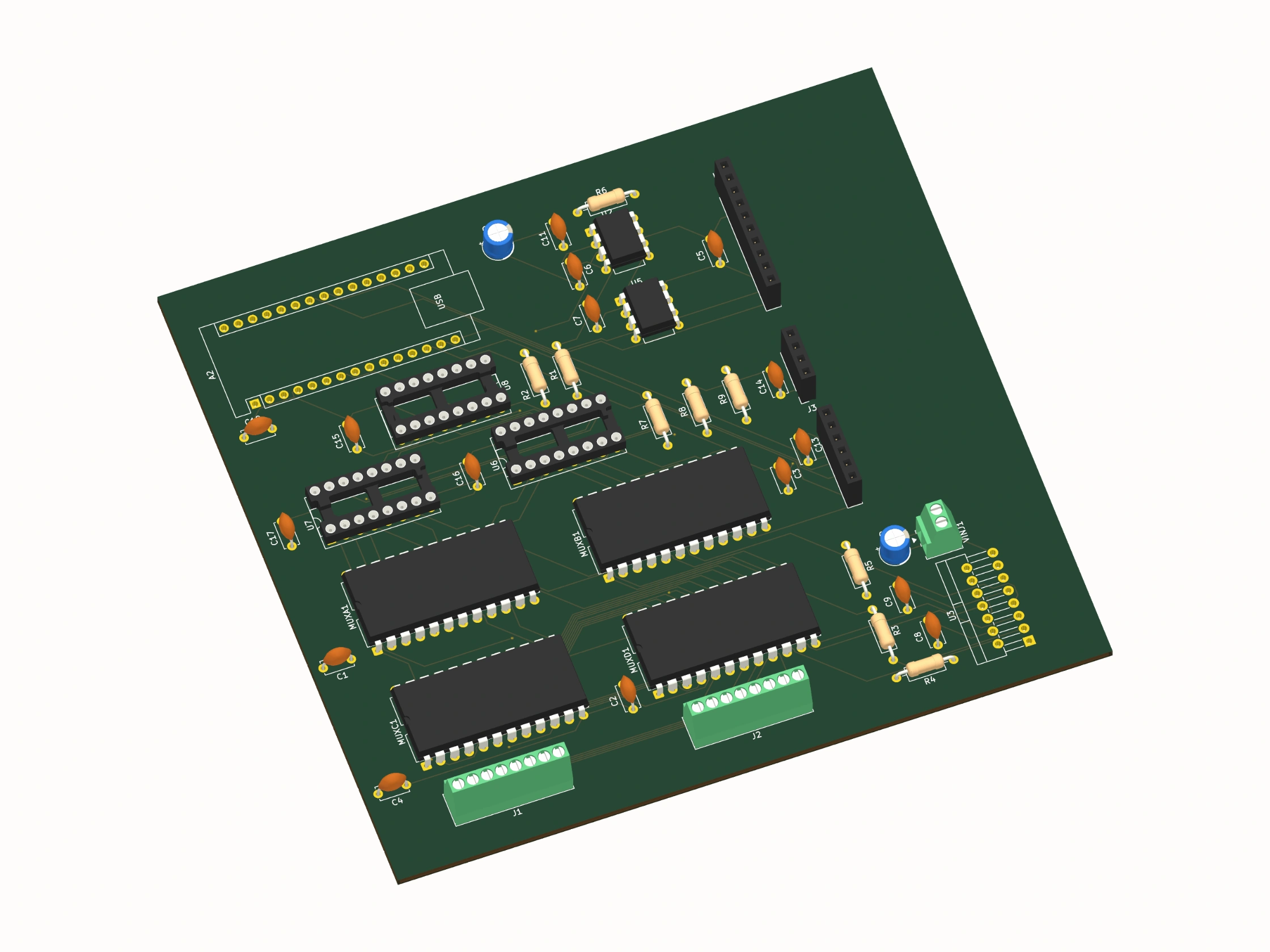 A 3D render of the instrument's circuit board seen at an angle: four 16-channel multiplexers, sockets for the instrumentation amplifier, a header for the microcontroller, and two rows of screw terminals for the electrodes.
