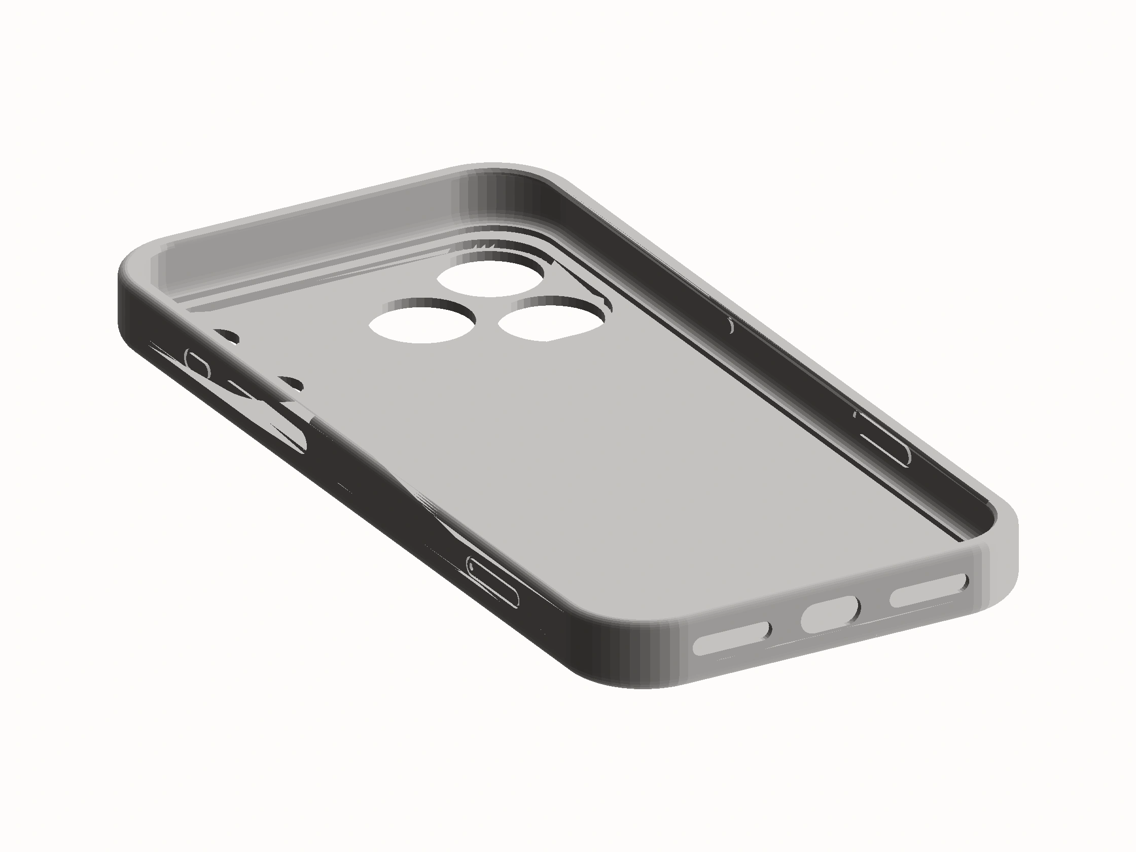 Shaded render of the case seen into its open front: a thin shell with rounded corners, three camera openings, and cutouts along its edges.