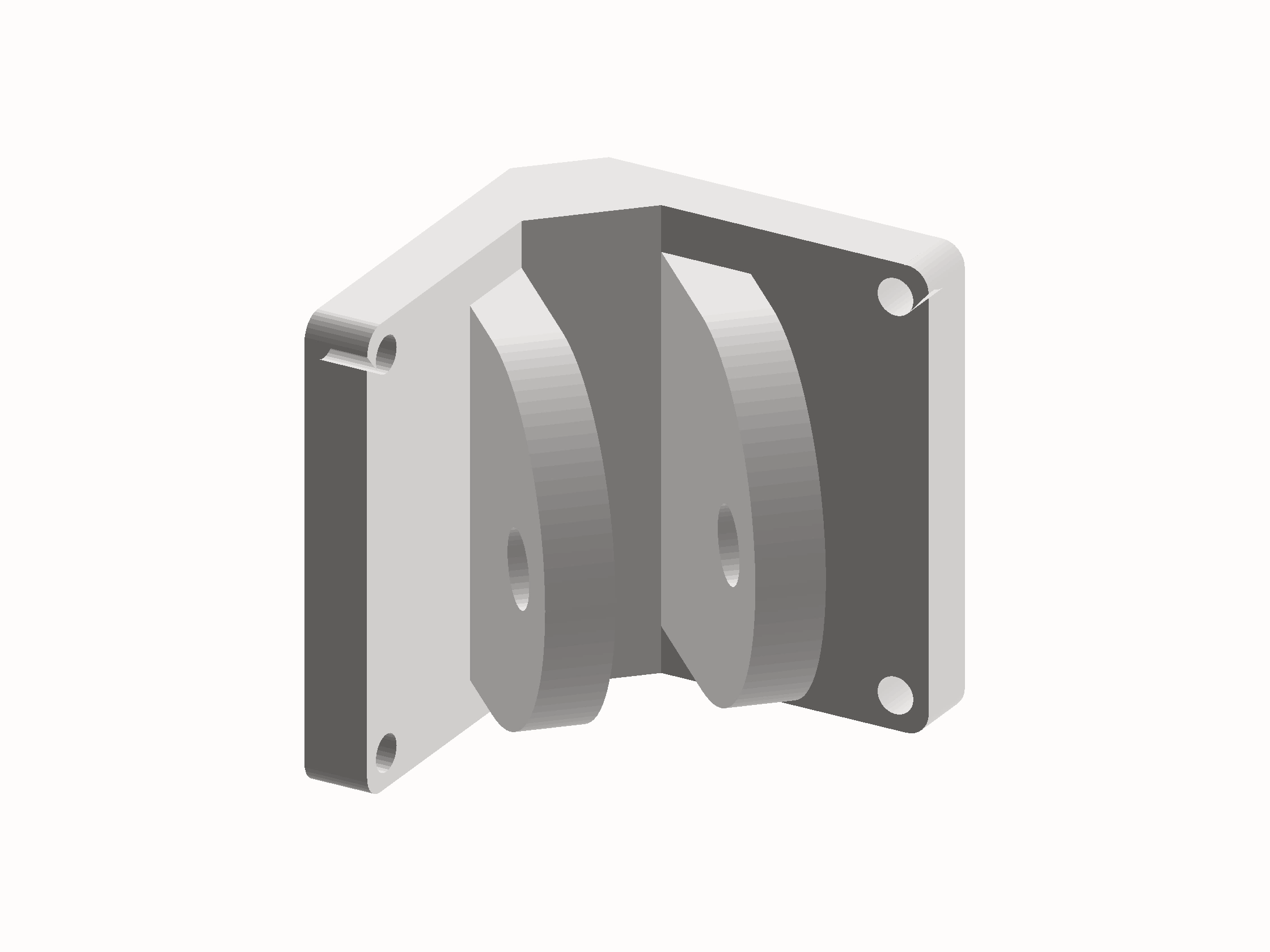 Shaded render of the edge wall pulley bracket from inside the corner: two mounting plates at a right angle with twin axle tabs between them.