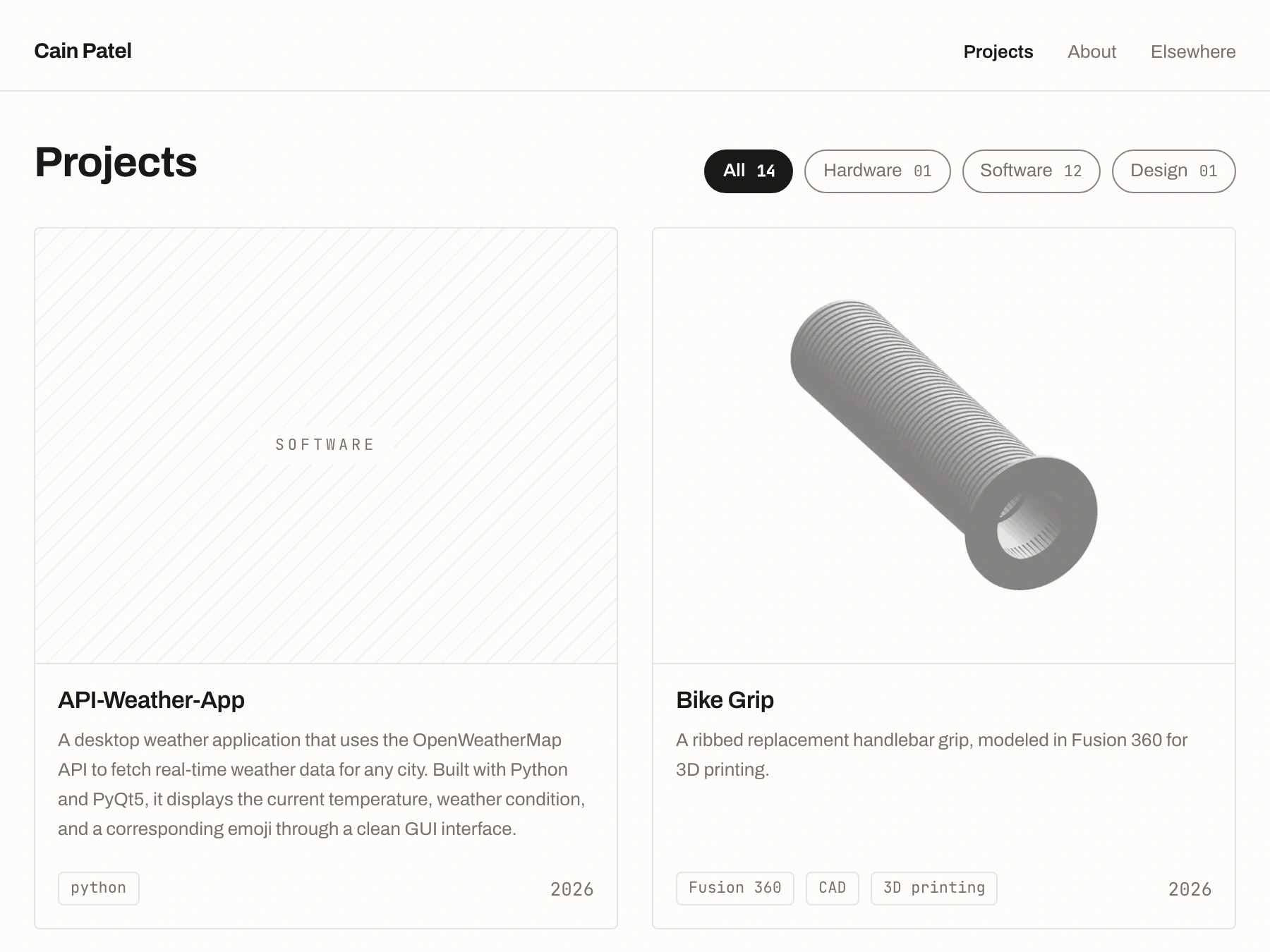 The projects page: filter chips above a grid of cover-led project cards.