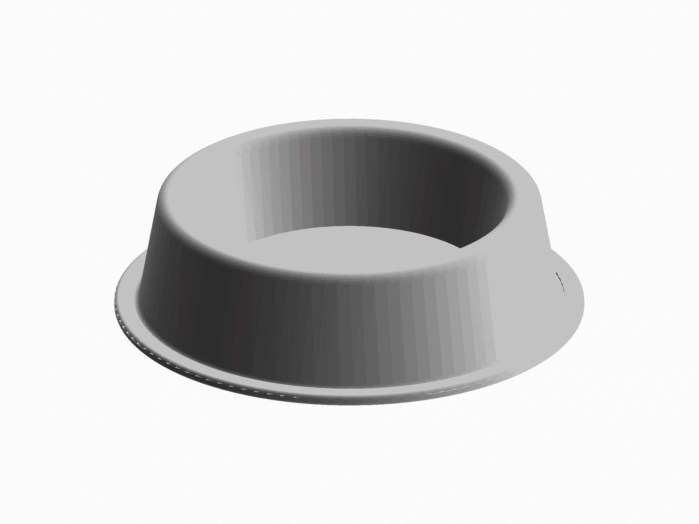 Shaded render of a dog bowl: a round basin with tapered walls widening into a flared base.
