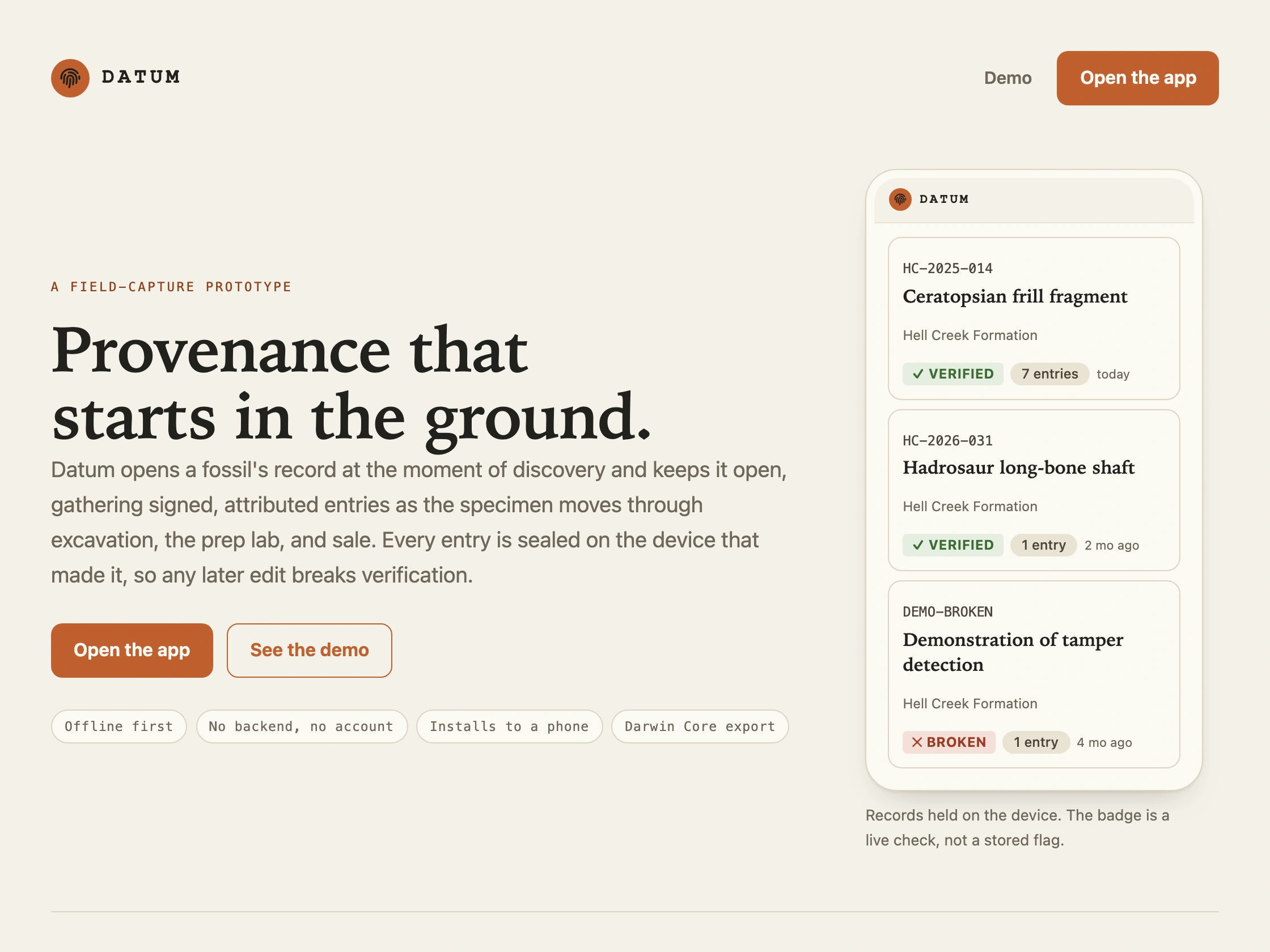 Datum's interface: a fossil's provenance record with verified and broken-seal badges.