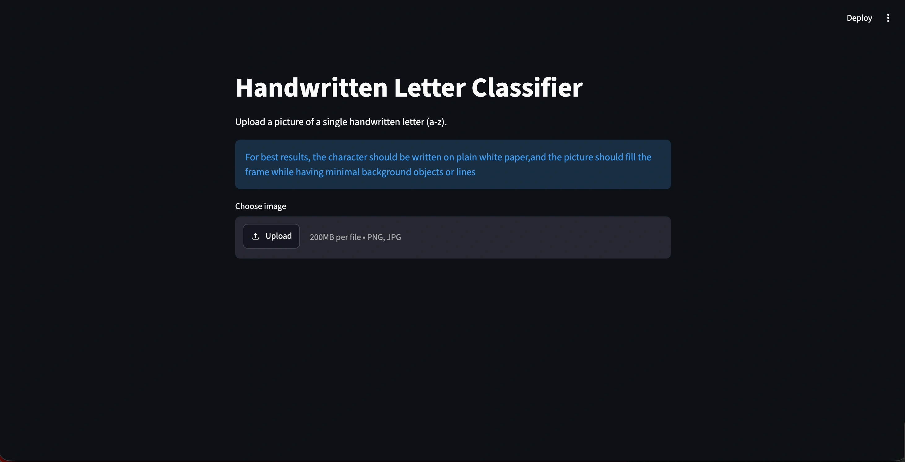 The Streamlit app: an uploaded photo of a handwritten letter beside the model's prediction and confidence scores.