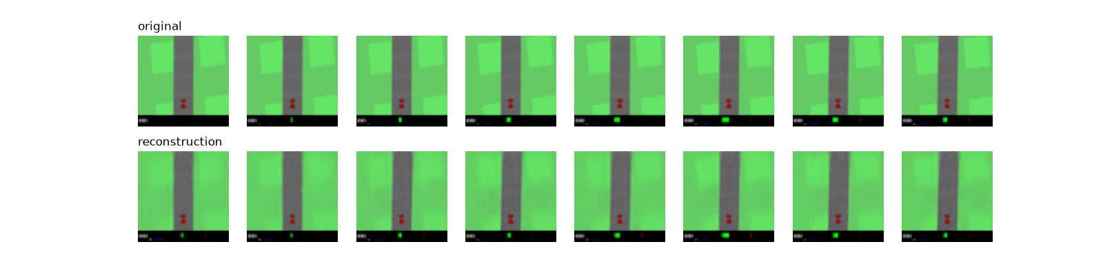 Two rows of CarRacing frames: real frames above, the VAE's slightly soft reconstructions below.